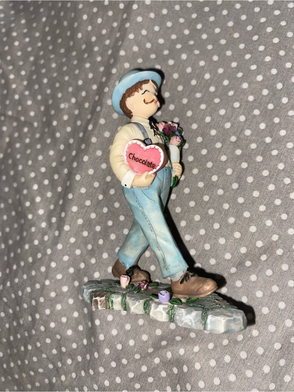 Blue Accented Boy Figurine Cake Topper with Heart & Flowers